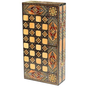 Handcrafted 16&quot; Chess and Backgammon Set with Wooden Inlays and Mother of Pearl