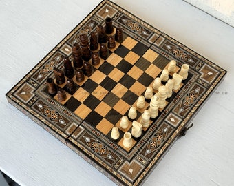 Handmade Backgammon & Chess Set: Wooden Inlays, Mother of Pearl (12 inch) from Lebanon