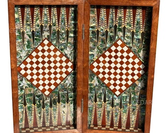 One-of-a-Kind Vintage 20"x20" Chess and Backgammon Board with Mediterranean Pearls