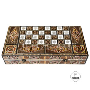 Handmade Chess and Backgammon Set with Flower Design - Lebanese Craftsmanship, Mother of Pearl Inlays, Express Shipping