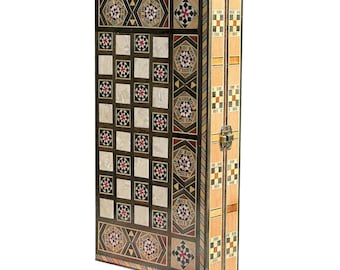 Handcrafted 12"x12" Chess and Backgammon Set with Wooden Inlays and Mother of Pearl
