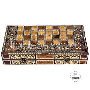 3-in-1 Handmade Backgammon Set and Chess Board From Lebanon, Classic Wooden Backgammon with Vintage Real Pearl Mosaic Inlay