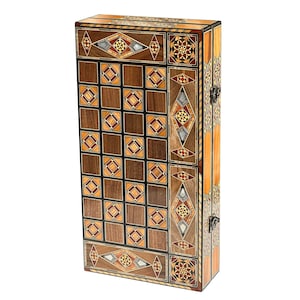 Handcrafted 16&quot; Chess and Backgammon Set with Wooden Inlays and Mother of Pearl