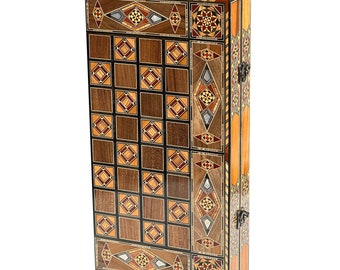 Handcrafted 16" Chess and Backgammon Set with Wooden Inlays and Mother of Pearl