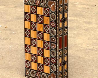 Backgammon Set and Chess Board from Lebanon - Lebanese Tables Board with Wooden Chess Pieces, Personalizable Christmas Gift