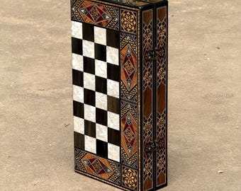 Backgammon Set and Chess Board from Lebanon - Lebanese Tables Board with Wooden Chess Pieces, Personalizable Christmas Gift