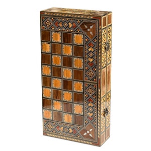 Handcrafted 16&quot; Chess and Backgammon Set with Wooden Inlays and Mother of Pearl
