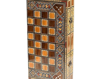 Handcrafted 16" Chess and Backgammon Set with Wooden Inlays and Mother of Pearl
