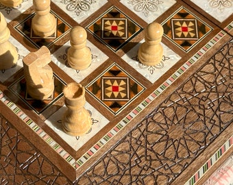 Luxurious 20"x20" Walnut Wood Chess and Backgammon Board with Pearl Inlays