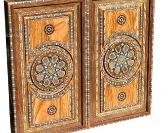 Luxurious 21"x21" Olive Wood Backgammon Set with Real Pearl Inlays