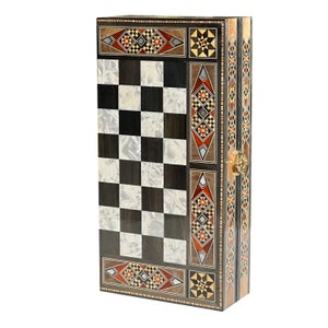 Handmade 12&quot; Chess and Backgammon Set with Wooden Inlays and Mother of Pearl