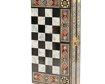 Handmade 12&quot; Chess and Backgammon Set with Wooden Inlays and Mother of Pearl