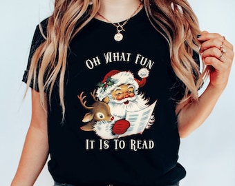 Oh What Fun It Is To Read Cute Christmas Tee, Santa & Reindeer Reading, Unisex Jersey Short Sleeve Tee, Reading Teacher, Librarian Shirt