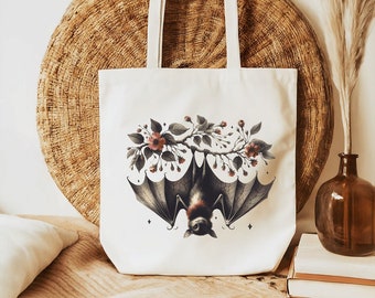 Bat Tote Bag, Dark Academia Aesthetic, Halloween Tote, 100% Cotton Canvas Tote Bag, 15x16" Reusable Tote, Grocery Shopping, Sustainable