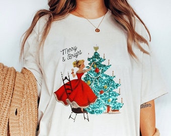 Vintage Christmas Girl T-Shirt, Girl Decorating Tree Graphic, Unisex Jersey Short Sleeve Tee, Merry & Bright Tshirt, Gift for Her