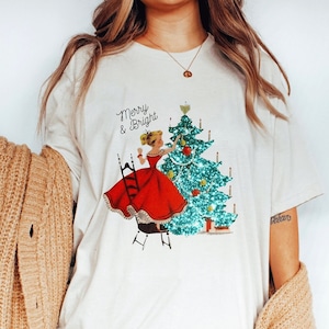 Vintage Christmas Girl T-Shirt, Girl Decorating Tree Graphic, Unisex Jersey Short Sleeve Tee, Merry & Bright Tshirt, Gift for Her