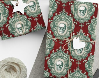 Gothic Christmas Gift Wrap, Skull Holiday Wrapping Paper, Matte Finish, Dark Academia, Spooky Christmas, Whimsigoth Aesthetic