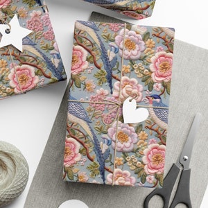 Embroidered Birds & Flowers Gift Wrap, Soft Feminine Wrapping Paper, All Occasions, Wedding, Bridal Shower, Birthday, Matte Finish