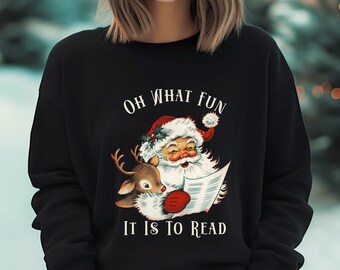 Oh What Fun It Is To Read Sweatshirt, Santa Reading, Cute Unisex Heavy Blend™ Crewneck, Reading Teacher, Literacy, Librarian Shirt