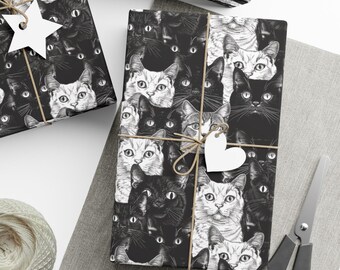 Cat Gift Wrap, Artistic Cat Black & White Wrapping Paper, All Occasion Gift Wrap, Birthday, Christmas, Gender Neutral Wrapping Paper