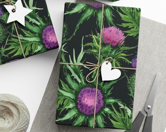 Scottish Thistle Floral Gift Wrap, Scotland Theme Black & Purple Wrapping Paper, Matte Finish, Unique Bold Glam Gift Wrap, All Occasions