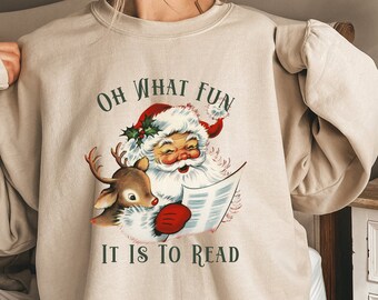 Oh What Fun It Is To Read Cute Christmas Sweatshirt, Santa Reading, Unisex Heavy Blend™ Crewneck, Reading Teacher, Librarian Gift