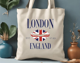 London England Tote Bag, 100% Cotton Canvas Tote Bag, 15x16" Reusable Grocery Shopping Farmer's Market Tote, Anglophile Gift Idea