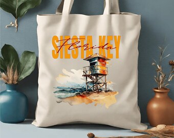 Siesta Key Florida Tote Bag, 100% Cotton Canvas Tote Bag, Beach Day Bag, 15x16" Reusable Grocery Shopping Tote, Gift for Her