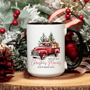 Christmas Movie Watching Mug, Vintage Truck Graphic, Christmas Movie Lover Gift, Two-Tone Ceramic Coffee Mug, Large 15oz Mug