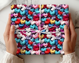 Emballage cadeau Saint-Valentin coeurs en origami, papier cadeau finition mat pour amoureux, emballage cadeau amour unique, emballage cadeau anniversaire, conjoint et partenaire