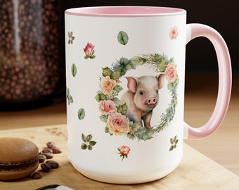 Baby Pig Coffee Mug, Cute Piggy & Flowers Mug, Two-Tone Cermic Coffee Mug, Large 15oz Coffee, Tea, Hot Cocoa Mug, Gift for Her