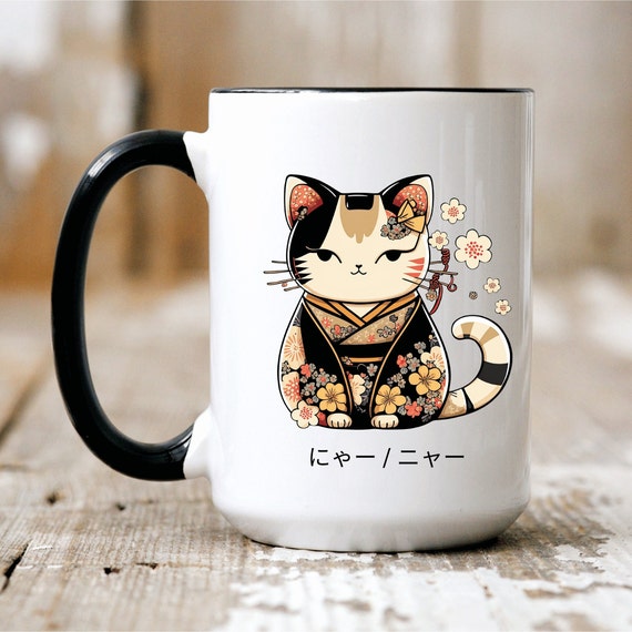 Japanese Cat Mug, Cat in a Kimono, Two-tone Ceramic Coffee Mug