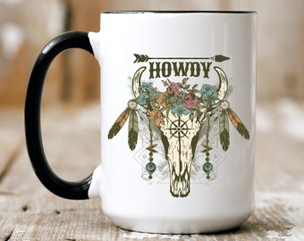 Cow Skull Mug, Boho Cow Skull & Feathers, Howdy Mug, Two-Tone Coffee Mug, Large 15oz Coffee, Tea, Hot Cocoa Mug, Gift for Her