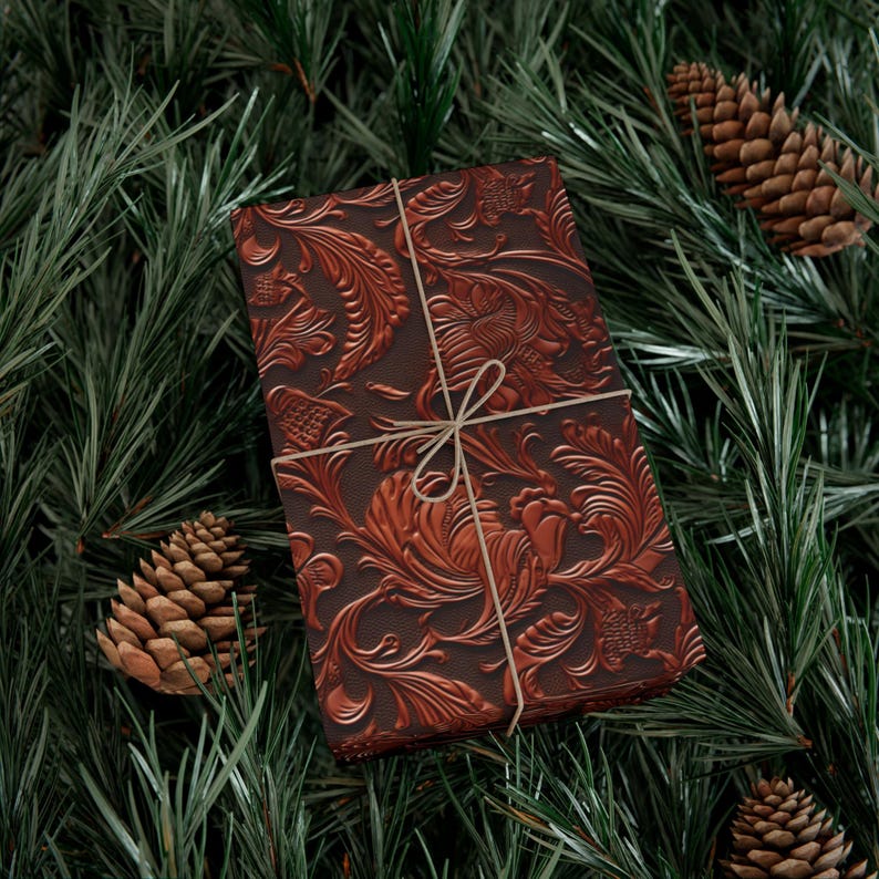 Faux Tooled Leather Gift Wrap, Western Aesthetic All Occasion Wrapping Paper, Matte Finish, Birthday, Father's Day Unique Gift Wrap image 3