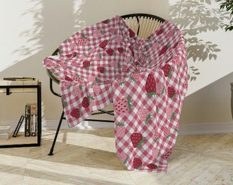Strawberry Gingham Blanket, Spring and Summer Soft & Plush Polyester Minky Blanket, Strawberry Nursery or Picnic Throw Blanket