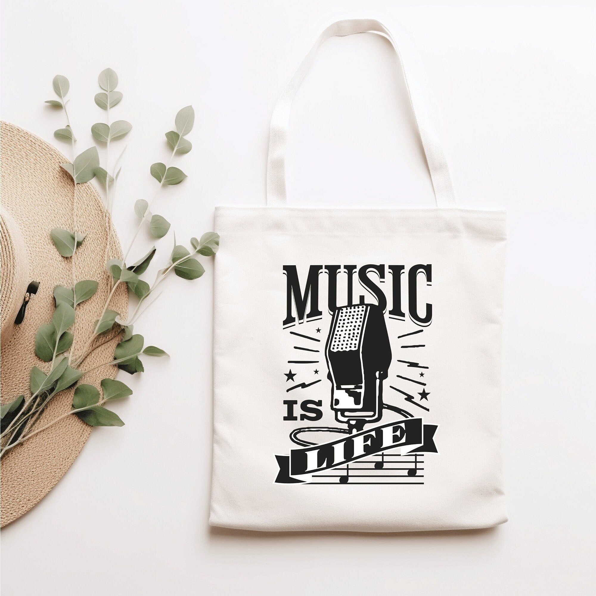 Music is Life Tote Bag, 100% Cotton Canvas Tote Bag, 15x16 
