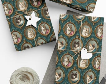 Vintage Cat Portrait Gift Wrap, Funny Victorian Cats Wrapping Paper, Cat Lover Gift Wrap, Birthday, Christmas, Mother's Day
