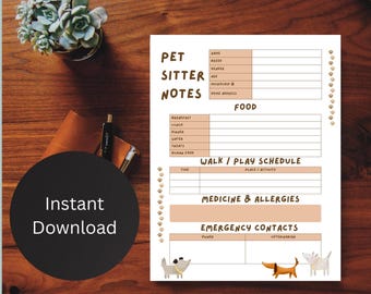 Printable Pet Sitter Notes, 8.5x11 PDF, Cute Dog Sitter Info Sheet, Pet Care Instructions, Pet Boarding Form, Dog Owner, Pet Lover