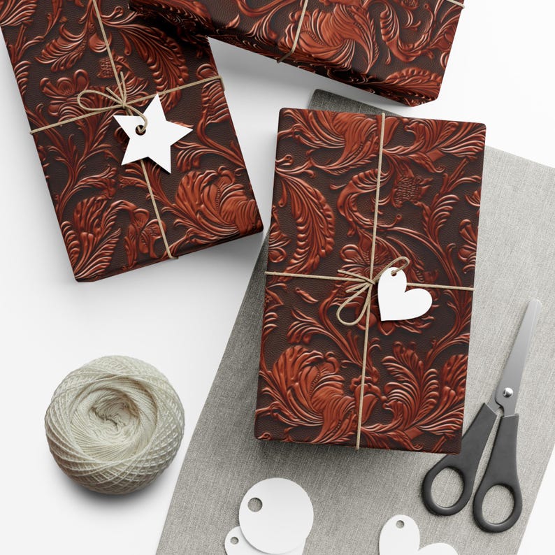Faux Tooled Leather Gift Wrap, Western Aesthetic All Occasion Wrapping Paper, Matte Finish, Birthday, Father's Day Unique Gift Wrap image 2