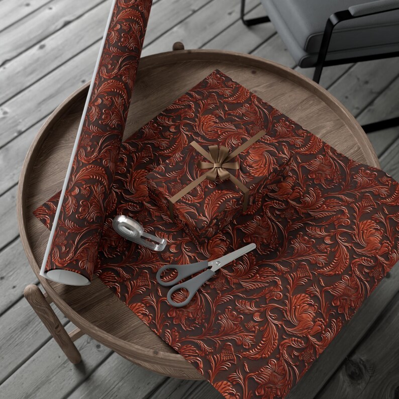 Faux Tooled Leather Gift Wrap, Western Aesthetic All Occasion Wrapping Paper, Matte Finish, Birthday, Father's Day Unique Gift Wrap image 4
