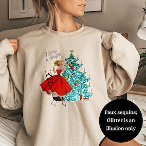 Vintage Christmas Girl Sweatshirt, Girl Decorating Tree Graphic, Unisex Heavy Blend™ Crewneck Sweatshirt, Gift for Her