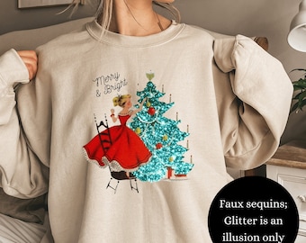 Vintage Christmas Girl Sweatshirt, Girl Decorating Tree Graphic, Unisex Heavy Blend™ Crewneck Sweatshirt, Gift for Her