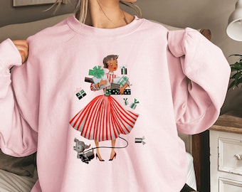 Retro 1950s Christmas Shopper Sweatshirt, Vintage Look, Unisex Heavy Blend™ Crewneck Women's Sweatshirt, Gift for Her