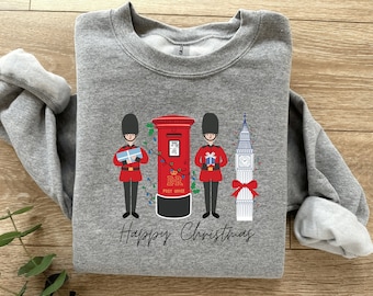 Christmas in London Sweatshirt, Happy Christmas British Theme Shirt, Unisex Heavy Blend™ Crewneck Sweatshirt, Anglophile Holiday Shirt