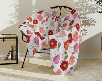 Poppies Blanket, Red & White Poppy Print, Soft and Plush Polyester Minky Blanket, Poppy Nursery Baby Blanket or Adult Throw Blanket