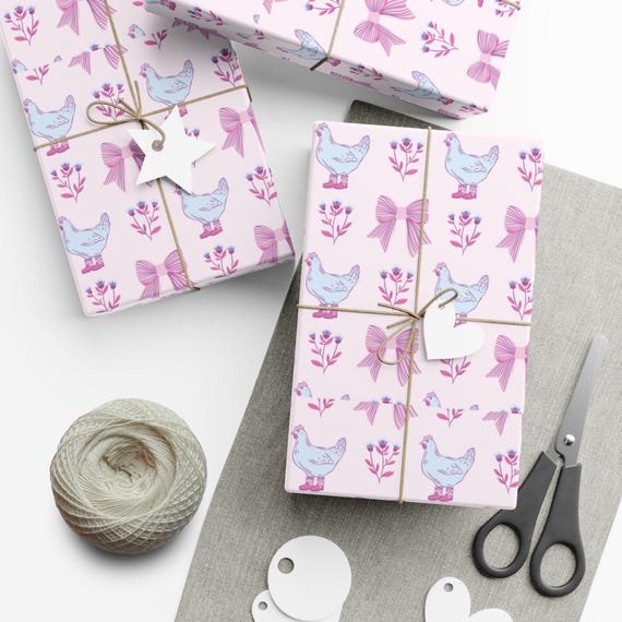 Feminine Chicken Gift Wrap Papers for All Occasions, Cute and Cheerful Wrapping, Birthday, Baby Shower, Coquette Chicken Gift Wrap
