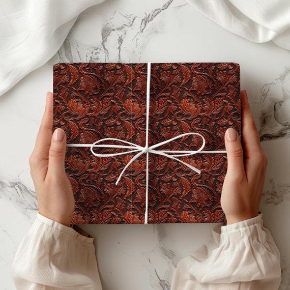 Faux Tooled Leather Gift Wrap, Western Aesthetic All Occasion Wrapping Paper, Matte Finish, Birthday, Father's Day Unique Gift Wrap