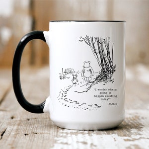 Winnie The Pooh & Piglet Mug, Minimalist Sketch Artwork, Two-Tone Ceramic Coffee Mug, Large 15oz Coffee, Tea, Hot Cocoa Mug