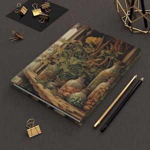 May include: A vintage-style journal with a botanical illustration of herbs and flowers in glass bottles on a wooden shelf. The journal cover is brown with a white border.
