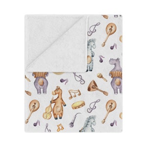 Musical Animals Blanket, Animals Playing Instruments Soft & Plush Polyester Minky Blanket, Gender Neutral Music Nursery Blanket